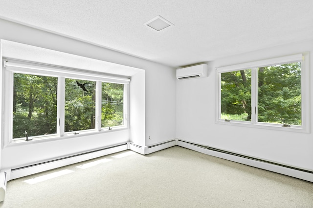 102 Colonial Rd, Guilford, CT 06437 - unfurnished room featuring a wall mounted air conditioner, a textured ceiling, carpet, and a baseboard heating unit