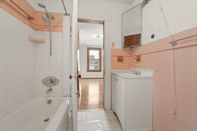 175 Lincoln St, Middletown, CT 06457 - bathroom featuring vanity, bathtub / shower combination, tile patterned floors, and tile walls