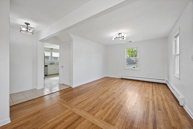 81 Summit St, Southington, CT 06489 - empty room featuring a chandelier, light wood finished floors, baseboard heating, and a sink