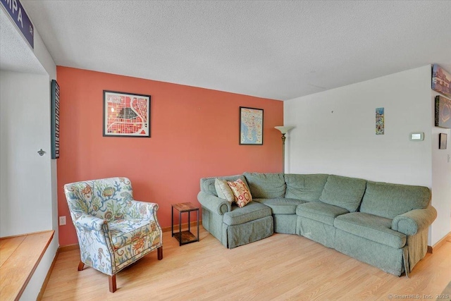 living area featuring wood finished floors, a textured ceiling, and baseboards