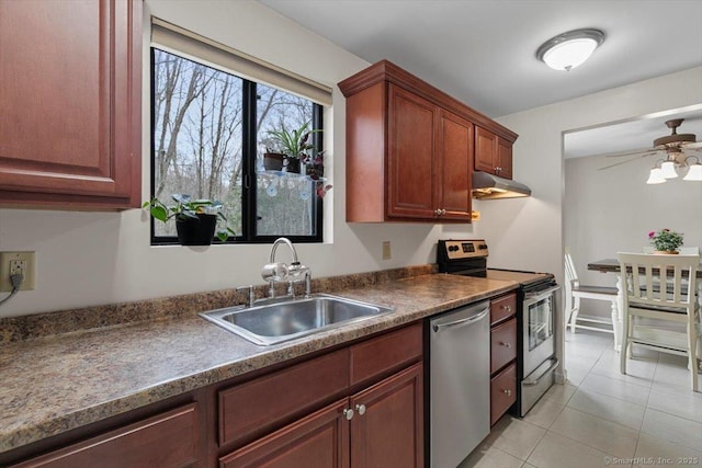 44 Mohawk Trl Unit 44, Guilford, CT 06437 - kitchen featuring a sink, under cabinet range hood, light tile patterned floors, dark countertops, and appliances with stainless steel finishes