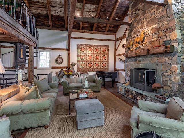 39 Painter Hill Rd, Woodbury, CT 06798 - living room featuring wood ceiling, beam ceiling, wood finished floors, a stone fireplace, and high vaulted ceiling