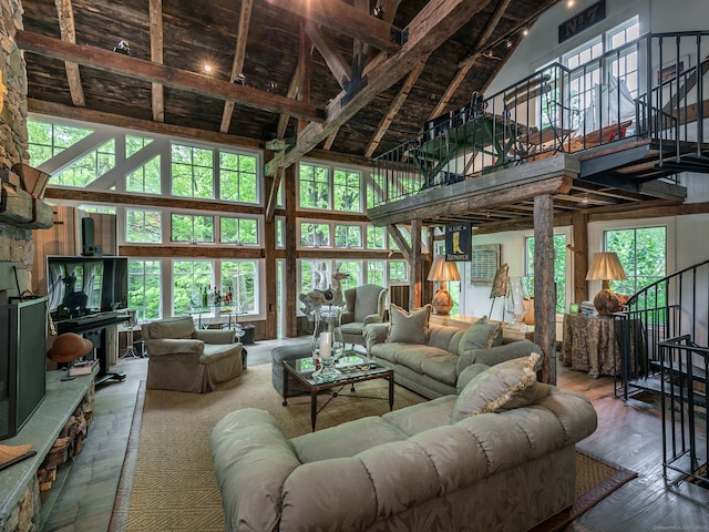 39 Painter Hill Rd, Woodbury, CT 06798 - living room featuring a high ceiling, stairs, hardwood / wood-style floors, plenty of natural light, and beam ceiling