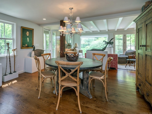 39 Painter Hill Rd, Woodbury, CT 06798 - dining space featuring beamed ceiling, a chandelier, plenty of natural light, dark wood-style floors, and recessed lighting