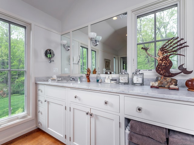 39 Painter Hill Rd, Woodbury, CT 06798 - bathroom with lofted ceiling, vanity, and wood finished floors