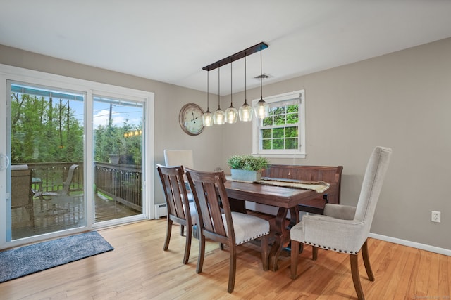 dining space featuring baseboards, a baseboard radiator, visible vents, and wood finished floors