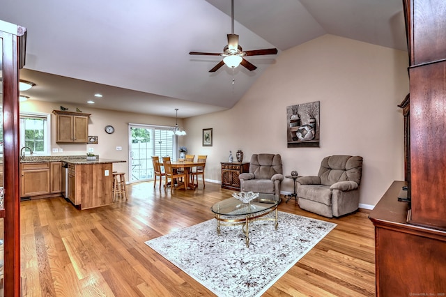 30 Prosperity Ct Unit 25, Southington, CT 06489 - living area featuring ceiling fan, light wood-style floors, high vaulted ceiling, and recessed lighting