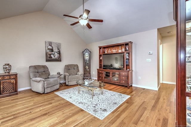 30 Prosperity Ct Unit 25, Southington, CT 06489 - living room featuring ceiling fan, light wood finished floors, high vaulted ceiling, and baseboards