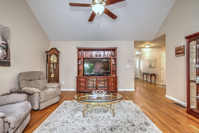 30 Prosperity Ct Unit 25, Southington, CT 06489 - living area featuring a ceiling fan, wood finished floors, a chandelier, baseboards, and high vaulted ceiling