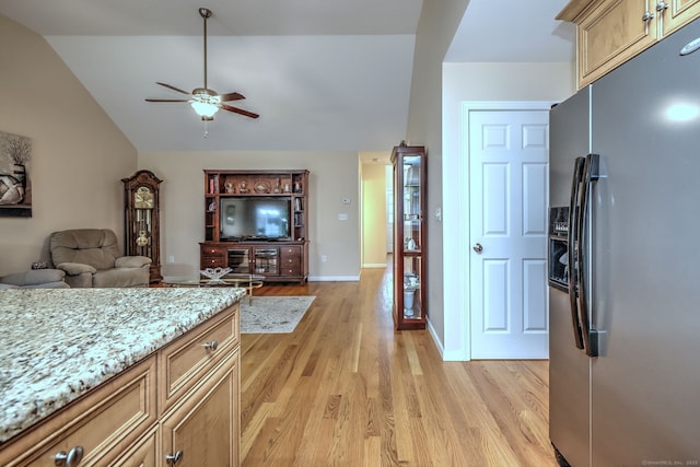 30 Prosperity Ct Unit 25, Southington, CT 06489 - kitchen featuring stainless steel refrigerator with ice dispenser, light wood finished floors, lofted ceiling, ceiling fan, and open floor plan