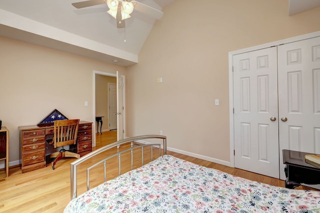 30 Prosperity Ct Unit 25, Southington, CT 06489 - bedroom featuring a closet, wood finished floors, high vaulted ceiling, baseboards, and ceiling fan