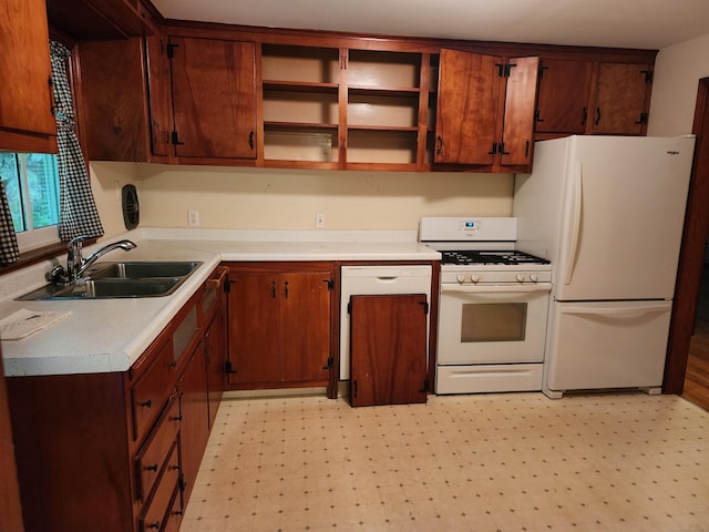 79 Pomfret Rd, Brooklyn, CT 06234 - kitchen with white appliances, a sink, light countertops, open shelves, and light flooring