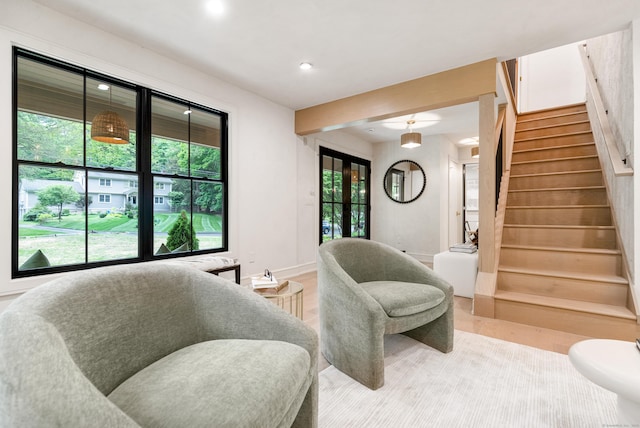 26 Hitchcock Rd, Westport, CT 06880 - living area featuring stairs, light wood-type flooring, recessed lighting, and baseboards
