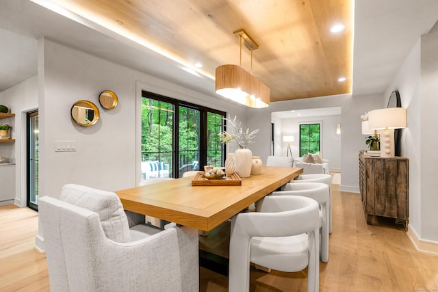 26 Hitchcock Rd, Westport, CT 06880 - dining room featuring light wood-style flooring, recessed lighting, baseboards, and wooden ceiling