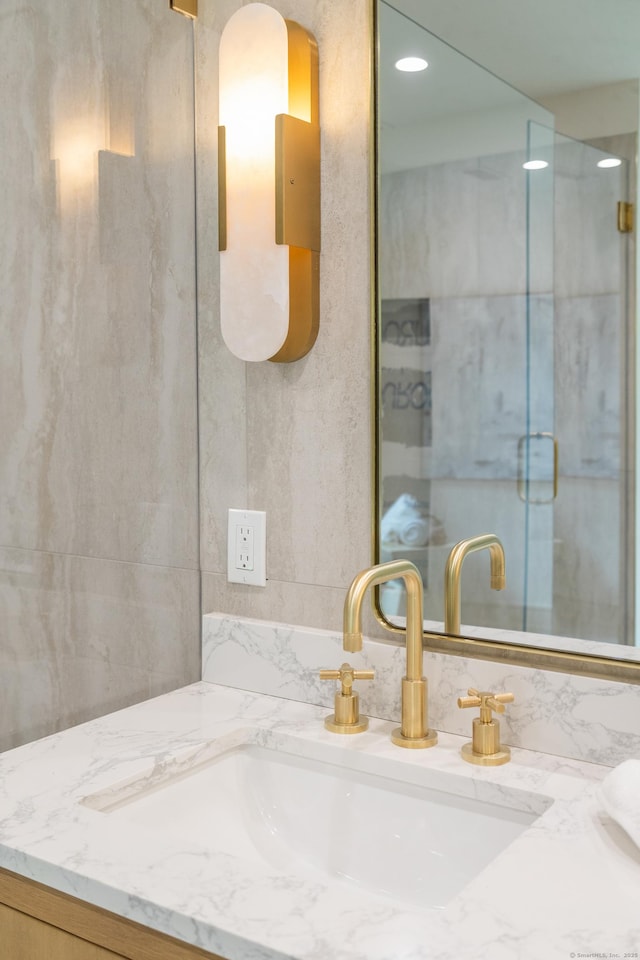 26 Hitchcock Rd, Westport, CT 06880 - bathroom with vanity, recessed lighting, and a shower with door
