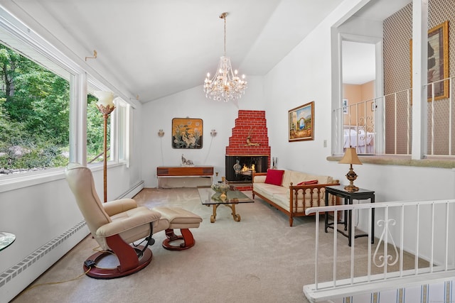 37 Shawnee Rd, Trumbull, CT 06611 - carpeted living area featuring a chandelier, baseboard heating, lofted ceiling, and a brick fireplace