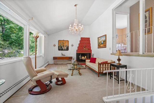 37 Shawnee Rd, Trumbull, CT 06611 - living room featuring carpet floors, baseboard heating, a chandelier, vaulted ceiling, and a baseboard heating unit