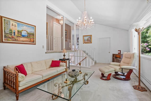 37 Shawnee Rd, Trumbull, CT 06611 - carpeted living room with vaulted ceiling, stairway, a chandelier, and a baseboard radiator