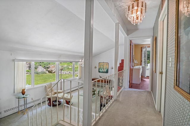 37 Shawnee Rd, Trumbull, CT 06611 - hall with healthy amount of natural light, a chandelier, a baseboard heating unit, and carpet flooring
