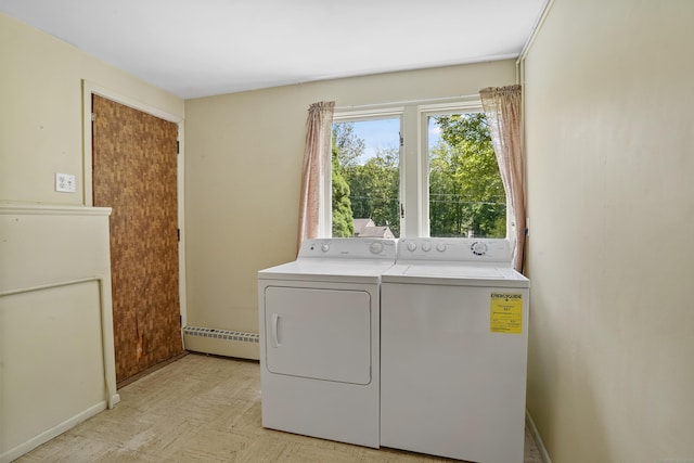 37 Shawnee Rd, Trumbull, CT 06611 - laundry room featuring washer and dryer, a baseboard heating unit, baseboards, and light flooring