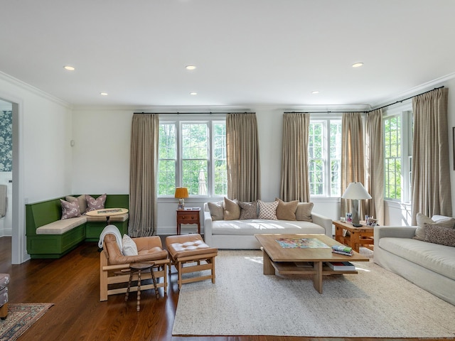living room with ornamental molding, dark wood-style floors, and recessed lighting
