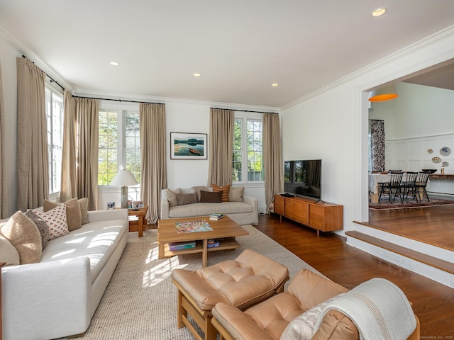 living area featuring crown molding, wood finished floors, and recessed lighting