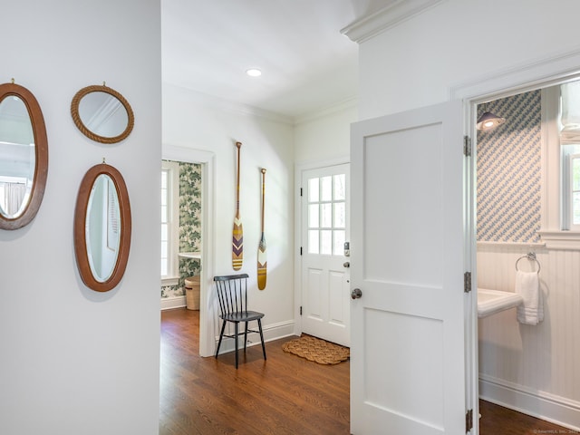 entryway with crown molding, healthy amount of natural light, dark wood-style floors, and baseboards