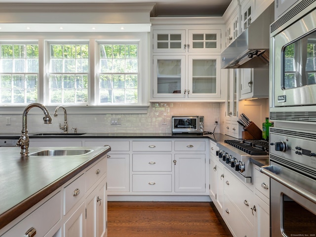 kitchen featuring stainless steel appliances, under cabinet range hood, dark countertops, white cabinetry, and ornamental molding