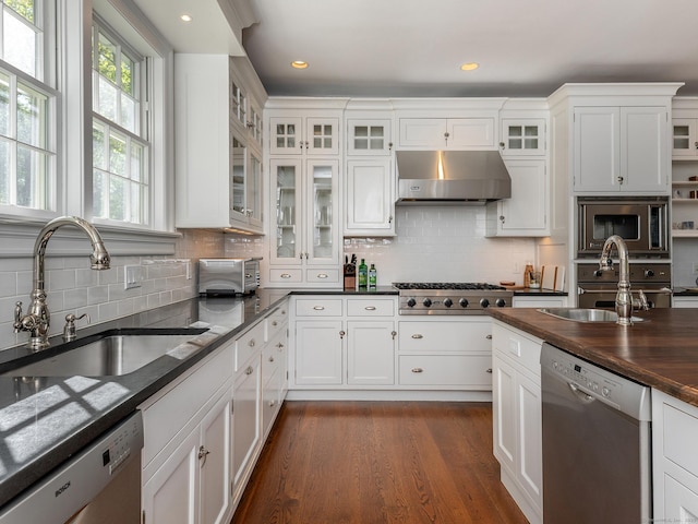 kitchen with appliances with stainless steel finishes, under cabinet range hood, a sink, white cabinets, and recessed lighting