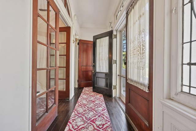 interior space with french doors, plenty of natural light, and dark wood-type flooring