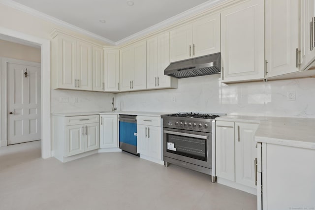 kitchen with dishwashing machine, backsplash, under cabinet range hood, light countertops, and stainless steel range