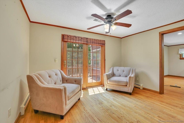 32 Powder Hill Rd, Middlefield, CT 06455 - sitting room with a baseboard radiator, crown molding, wood finished floors, ceiling fan, and a textured ceiling