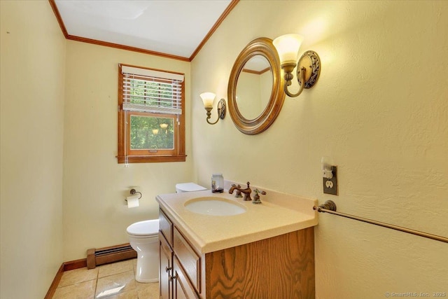 32 Powder Hill Rd, Middlefield, CT 06455 - bathroom featuring a baseboard heating unit, crown molding, vanity, baseboards, and toilet