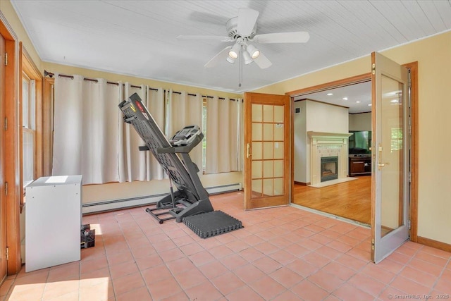 32 Powder Hill Rd, Middlefield, CT 06455 - workout room featuring tile patterned flooring, a ceiling fan, a fireplace with flush hearth, baseboard heating, and baseboards