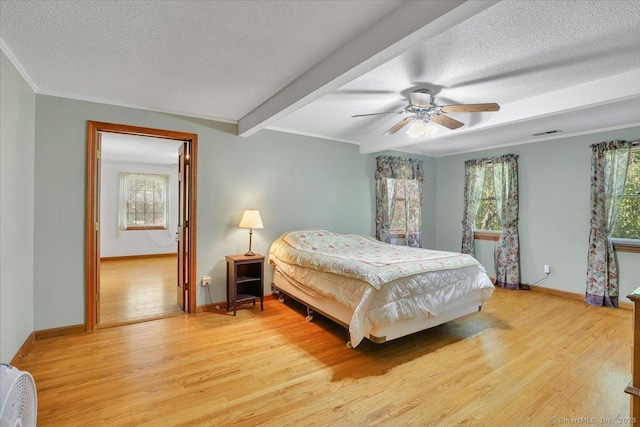 32 Powder Hill Rd, Middlefield, CT 06455 - bedroom with a textured ceiling, light wood finished floors, baseboards, beamed ceiling, and a ceiling fan