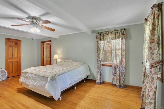 32 Powder Hill Rd, Middlefield, CT 06455 - bedroom featuring wood finished floors, a textured ceiling, baseboards, beam ceiling, and a ceiling fan