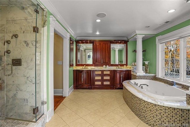 79 Comstock Hill Ave, Norwalk, CT 06850 - full bath featuring decorative columns, crown molding, a tub with jets, a stall shower, and double vanity