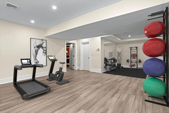 79 Comstock Hill Ave, Norwalk, CT 06850 - exercise area featuring wood finished floors, baseboards, and recessed lighting