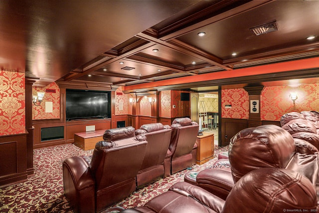 79 Comstock Hill Ave, Norwalk, CT 06850 - home theater featuring carpet flooring, decorative columns, a decorative wall, coffered ceiling, and crown molding