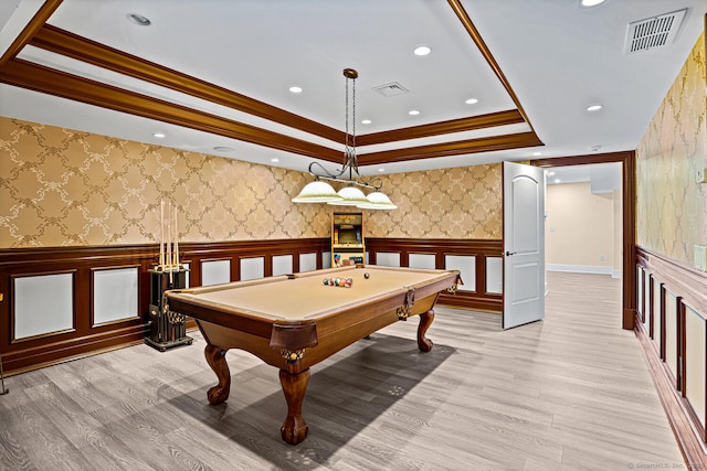 79 Comstock Hill Ave, Norwalk, CT 06850 - recreation room featuring crown molding, a tray ceiling, light wood-style flooring, billiards table, and a wainscoted wall