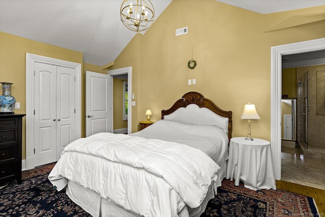 79 Comstock Hill Ave, Norwalk, CT 06850 - bedroom featuring a chandelier, a closet, high vaulted ceiling, and baseboards