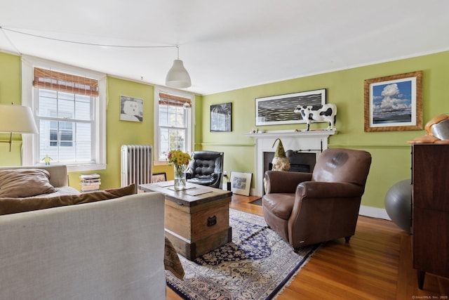living area with radiator, baseboards, wood finished floors, and a fireplace