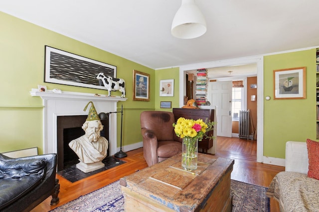living room with wood finished floors, baseboards, a fireplace with flush hearth, and radiator heating unit