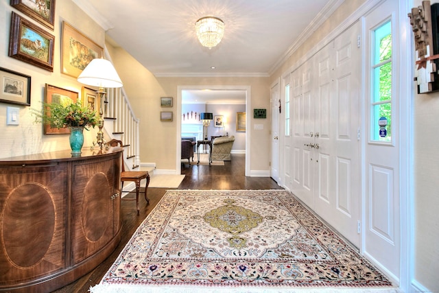 11 Tall Pines Dr, Weston, CT 06833 - foyer entrance with stairway, dark wood-style flooring, a chandelier, crown molding, and baseboards