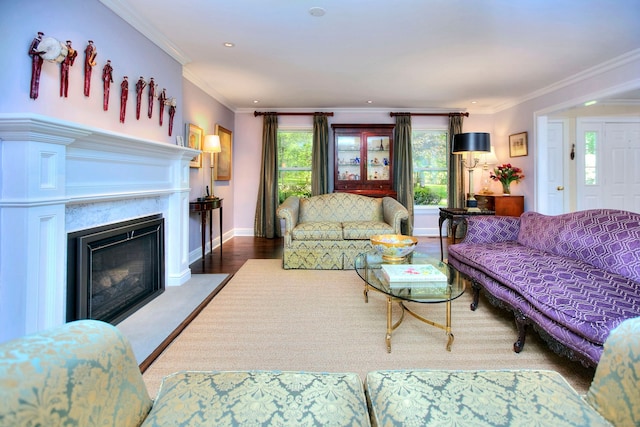 11 Tall Pines Dr, Weston, CT 06833 - living room with a fireplace, ornamental molding, and baseboards