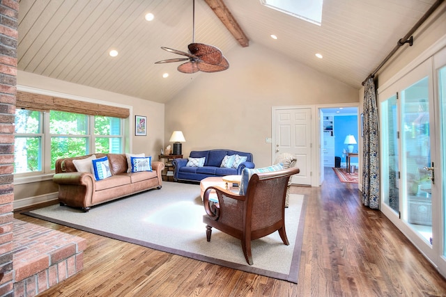 11 Tall Pines Dr, Weston, CT 06833 - living room featuring beam ceiling, wood finished floors, high vaulted ceiling, recessed lighting, and a ceiling fan
