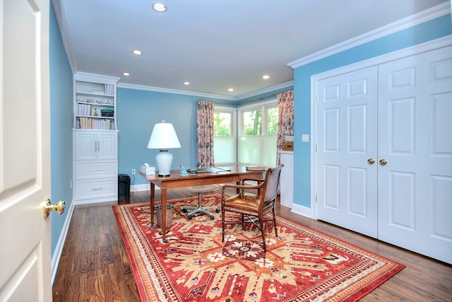 11 Tall Pines Dr, Weston, CT 06833 - home office with crown molding, dark wood finished floors, baseboards, and recessed lighting