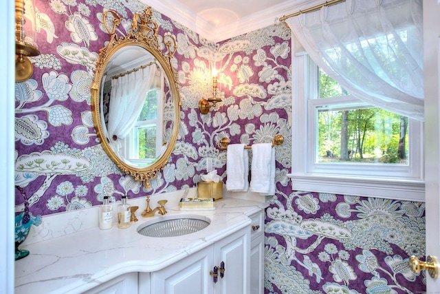 11 Tall Pines Dr, Weston, CT 06833 - bathroom featuring wallpapered walls, ornamental molding, and vanity