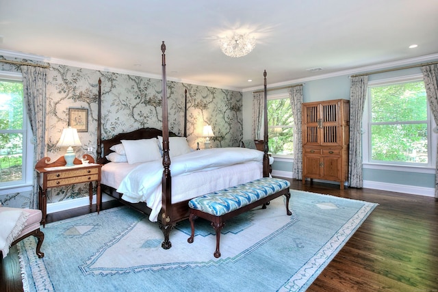 11 Tall Pines Dr, Weston, CT 06833 - bedroom featuring baseboards, wood finished floors, crown molding, multiple windows, and wallpapered walls