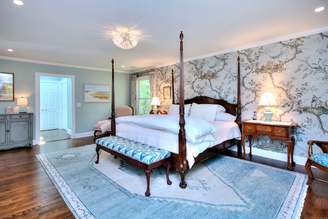 11 Tall Pines Dr, Weston, CT 06833 - bedroom with baseboards, crown molding, dark wood finished floors, and recessed lighting